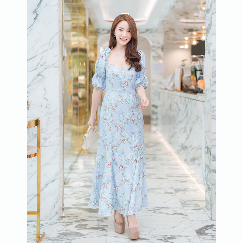 kudapy เดรสยาวสีฟ้า คอกว้างแขนตุ๊กตาสวยใส่สบายดูดี