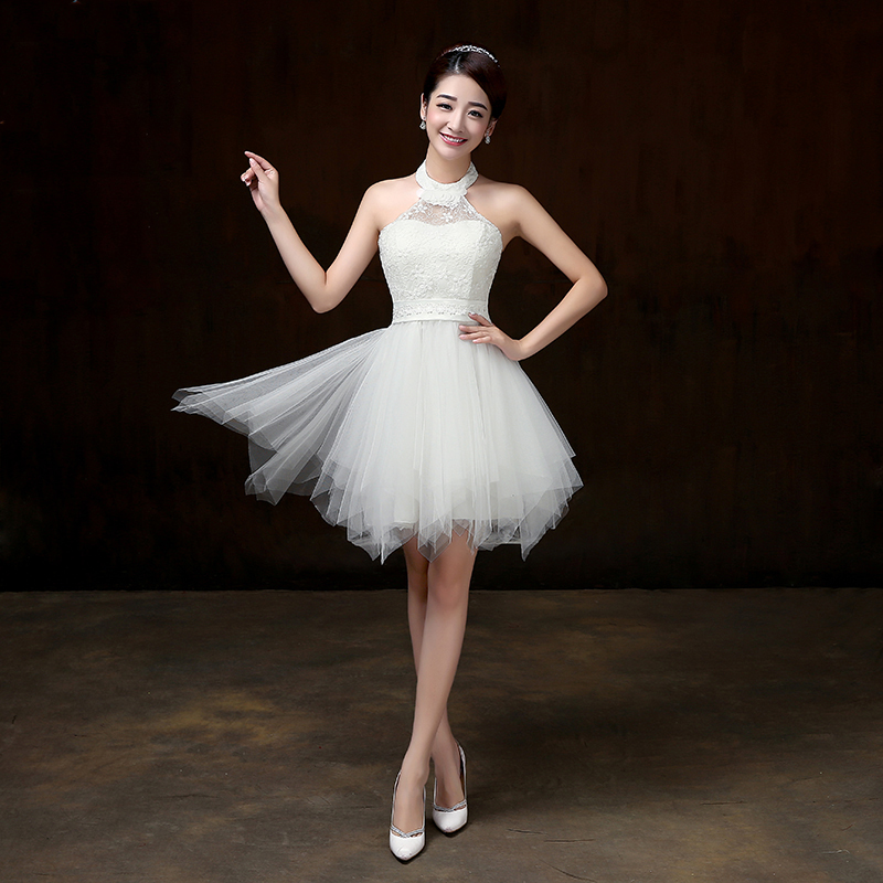 kudapy ชุดราตรีสั้นใส่ออกงาน สีฟ้า/สีเทา/สีขาว หน้าอกแต่งลูกไม้ ตกแต่งผ้าคล้องคอติดลายดอกไม้ เอวสม็อคหลัง