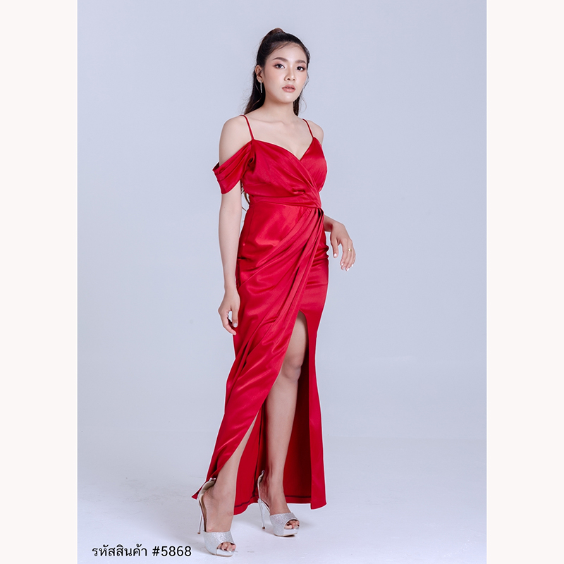 kudapy เดรสยาวสีน้ำตาลทอง/สีชมพู/สีแดง ออกงาน สายเดี่ยวคล้องไหล่ กระโปรงยาวผ่าหน้า แนวเรียบหรู