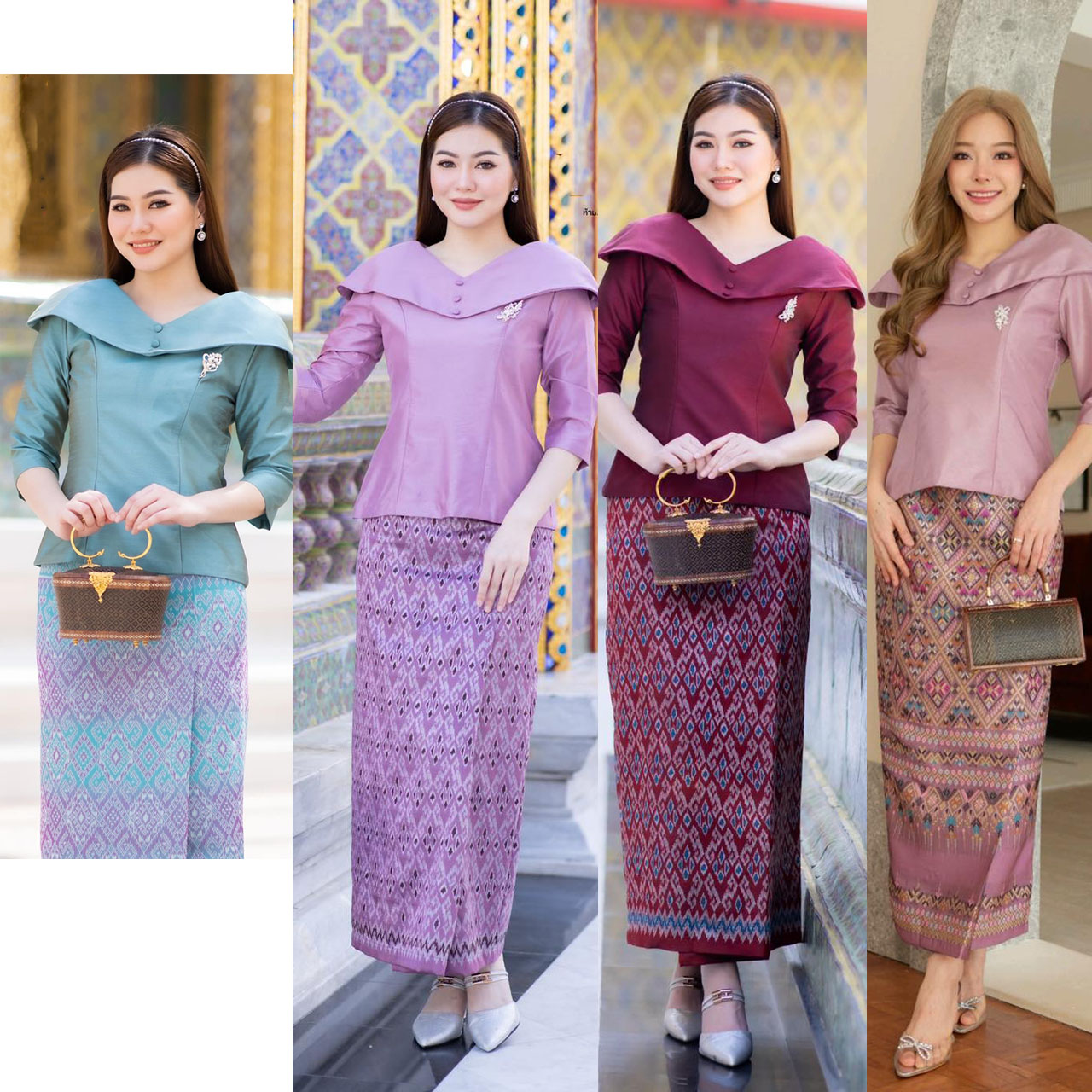 kudapy ชุดเซ็ทเสื้อ+ผ้าถุง สีแดง/สีม่วง/สีเขียว เสื้อผ้าไหมไทยแพรทิพย์ ผ้าถุงเป็นผ้าไหมทอเครื่องลายแพรมัดหมี่เกสร
