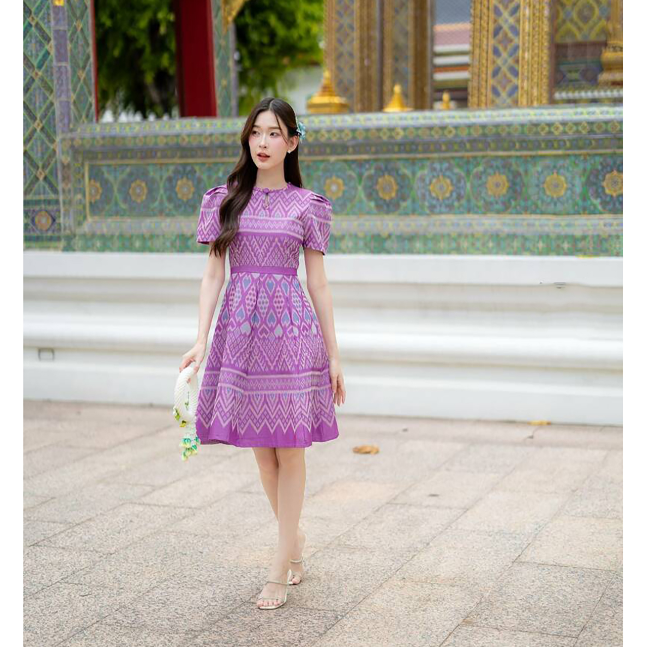 kudapy เดรสสั้นสีเหลือง/สีม่วง ผ้าไทยคอหยดน้ำกระโปรงบาน