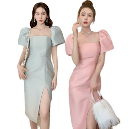 kudapy ชุดเดรสสั้นใส่ไปงาน เดรสคอสี่เหลี่ยมสีเขียว สีชมพู แขนพัฟยกสูง ผ่าข้าง ผ้าซาติน เซ็กซี่ แฟชั่นสําหรับผู้หญิงใส่ไปงาน