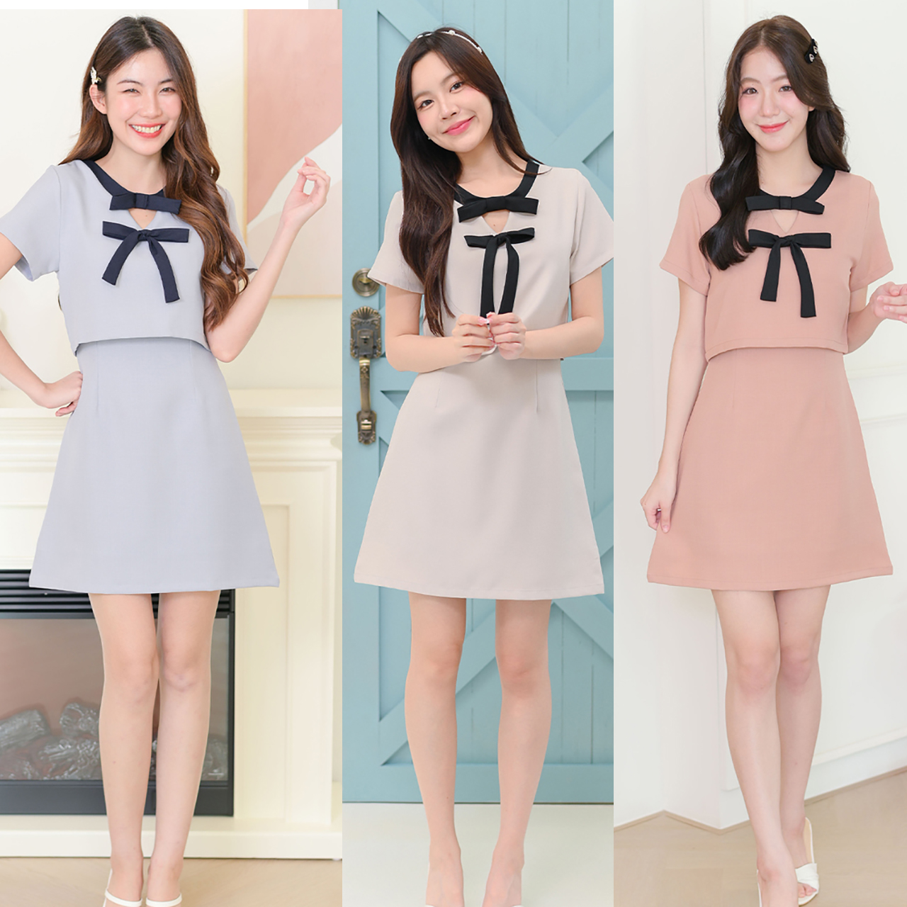 kudapy เดรสแขนสั้นคอวี แต่งโบว์สีตัดตัวชุด 2 ชั้น เดรสชิ้นเดียวน ผ้าเนื้อนิ่มรีดง่ายใส่สบาย ซิปหลังมีซับในทั้งตัว