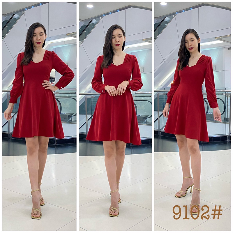 kudapy เดรสสั้นสีครีม ชมพู ชมพูพีช กรม เขียวมิ้นต์ แดง กระโปรงบาน พรางสะโพก ซิปหลัง ใส่ง่าย เนื้อผ้าเครปเกาหลี เย็นสบาย