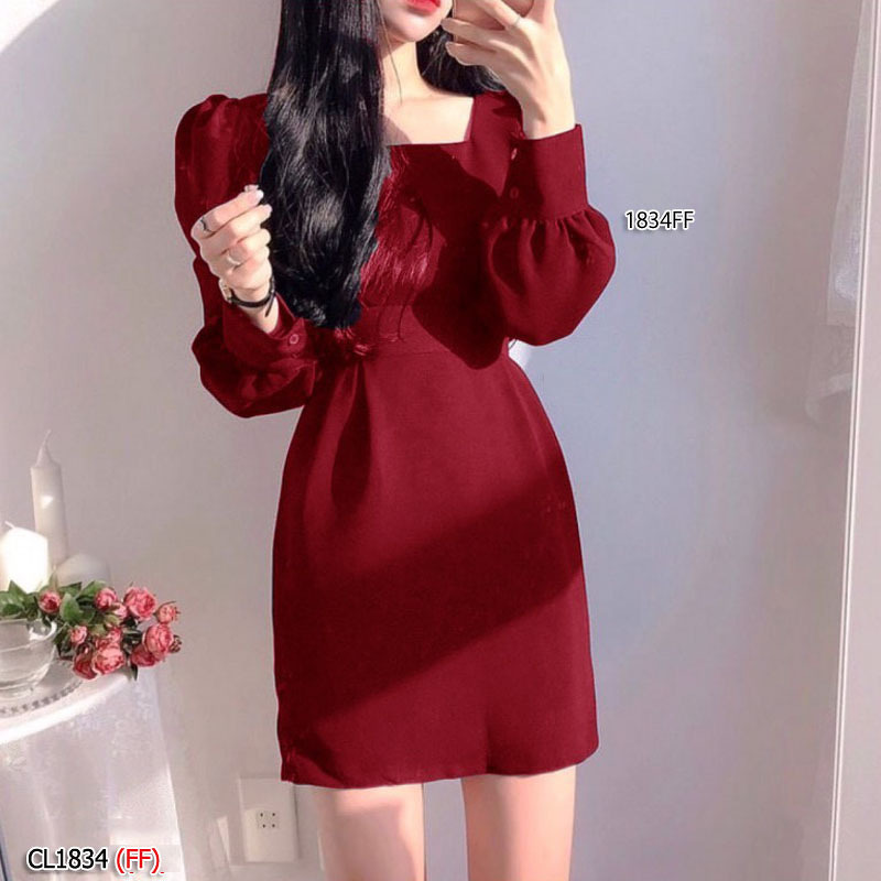 kudapy เดรสสั้น แขนยาว คอเหลี่ยม งานผ้าซาร่าอย่างดี มีซิปซ่อนหลัง เอวไม่สม็อค