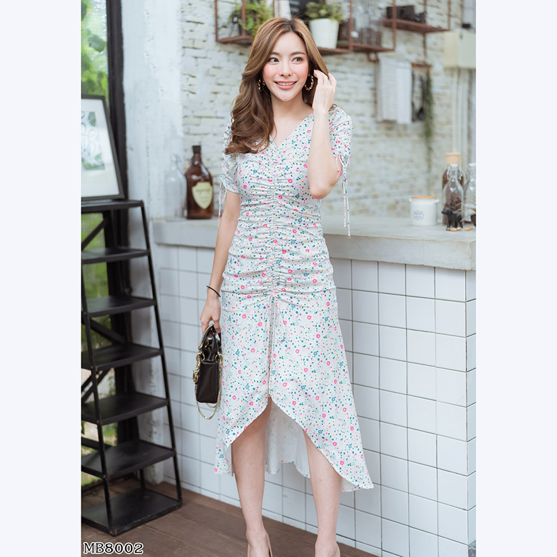 kudapy เดสรหน้าสั้นหลังยาวสีขาว,สีกรม คอกลม พิมพ์ลายดอก รูดเอวได้ แขนมีเชือกผูกโบว์ใส่ดูดีมากๆ