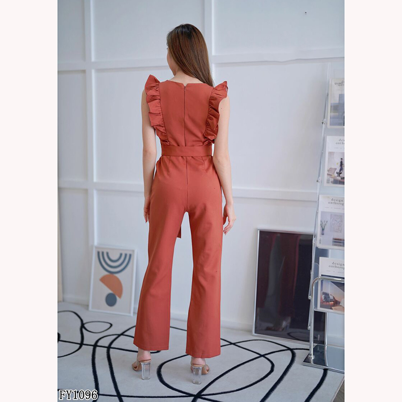 kudapy จั้มสูทขายาวสีฟ้า/สีน้ำตาล ระบายอก แต่งเข๊มขัดสวยดูดี ใส่สบาย