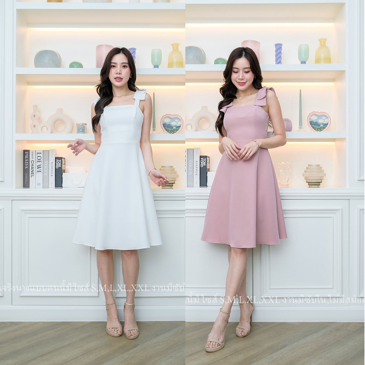 kudapy เดรสสั้นสีชมพู/สีขาว ไหล่โบว์ กระโปรงทรงบานคลุมเข่า