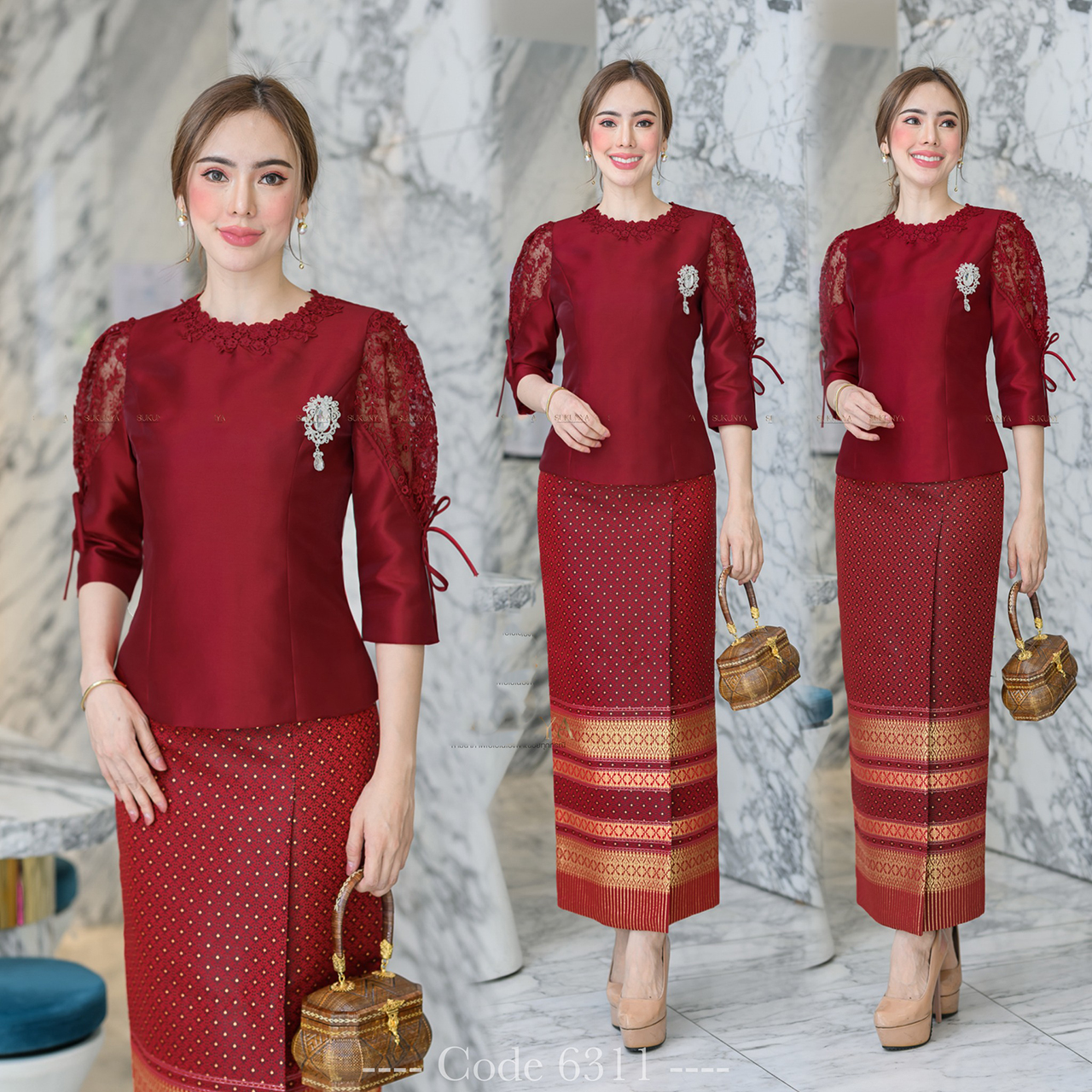 kudapy เสื้อผ้าพื้นไหมจิตรลดาแต่งลูกไม้สามมิติดอกลอยลูกไม้ที่ใช้พรีเมี่ยมทรงแขนบอลลูนมีเชือกผูก (เฉพาะเสื้อ)