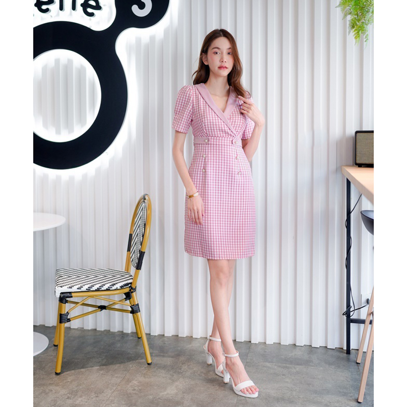 kudapy เดรสสั้นสีม่วง/สีกรม/สีชมพู คอปกสูทลายสก็อต