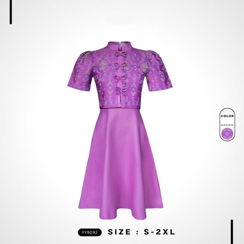 kudapy เดรสสั้นสีชมพู/สีม่วง เสื้อคอจีนแขนตุ๊กตากระดุมโบว์