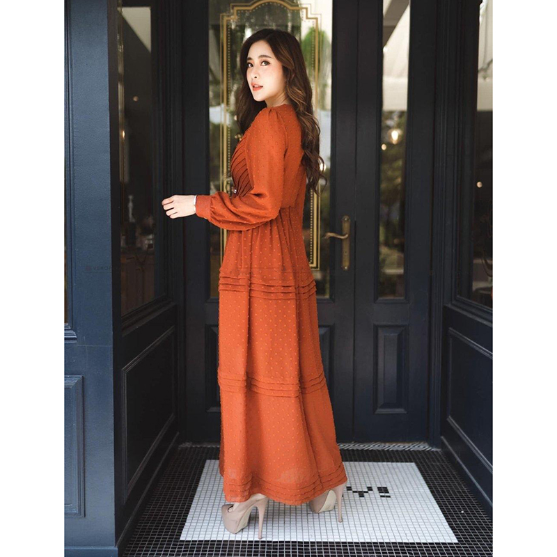 kudapy maxxi เดรสยาวผ้าชีฟองสีกรมท่า สีส้มอิฐ แขนยาว คอกลมแต่งกุ้นลาย3มิติ