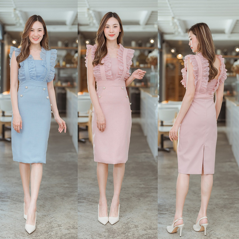 kudapy เดรสสั้นสีชมพู/สีฟ้า แขนระบายลูกไม้เข้ารูป