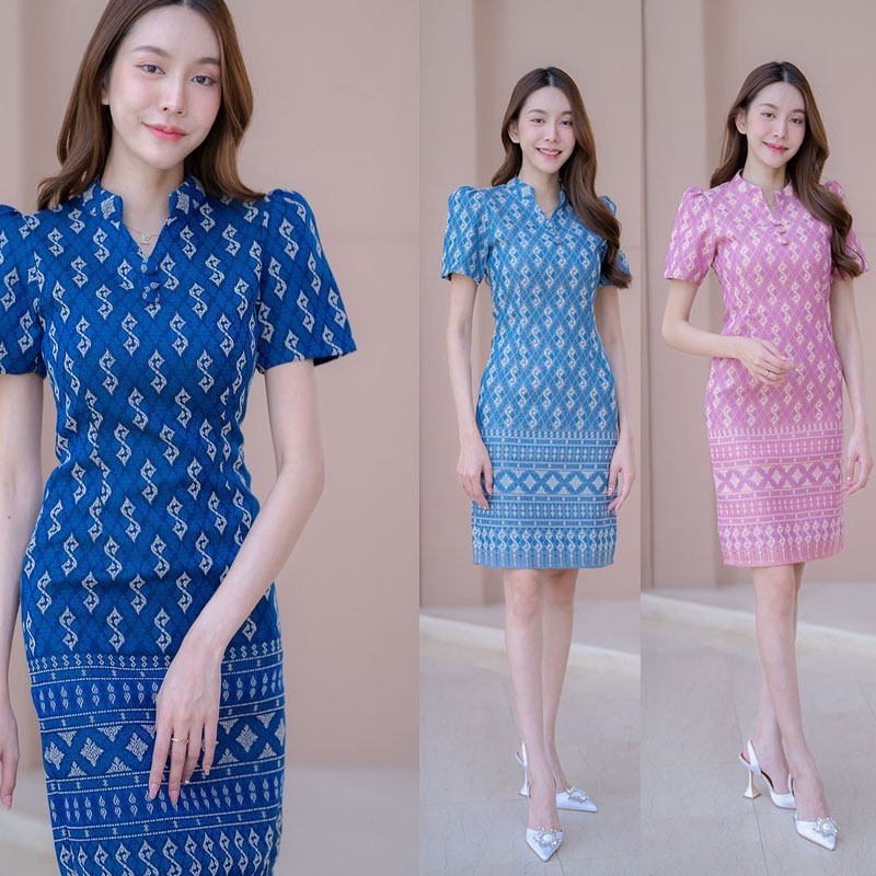 kudapy เดรสสั้นสีเทา/สีกรม/สีชมพู ผ้าไทยคอปีนลายขอ
