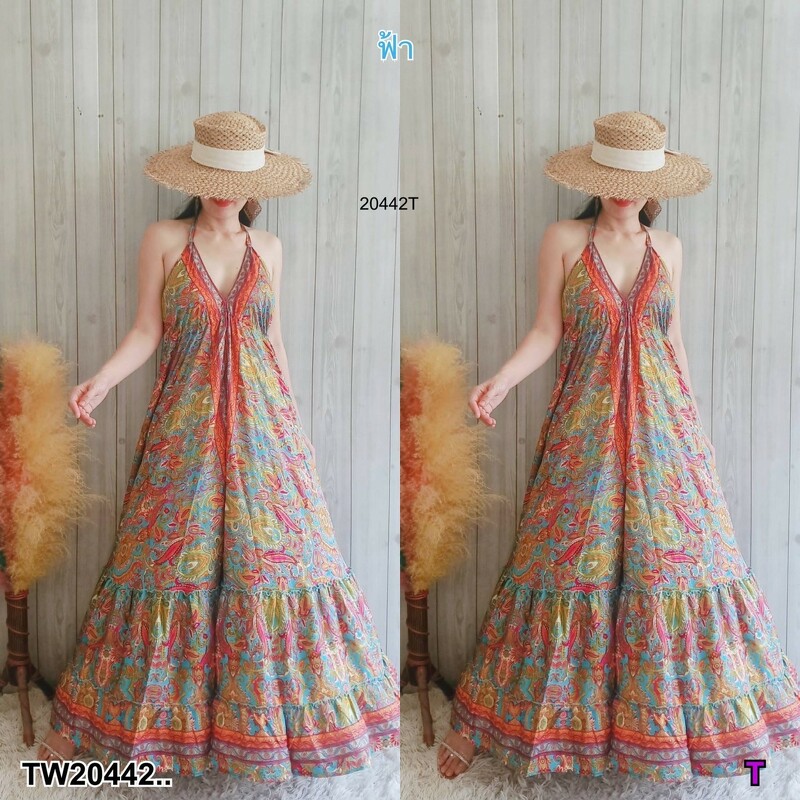kudapy เดรสายเดี่ยวคู่ มีสายรูดผูกเอวปรับเข้ารูป เนื้อผ้าไหมอินเดียพิมพ์ทอง งานชิว ใส่สบาย ลุคเหมาะกับหน้าร้อนซัมเมอร์