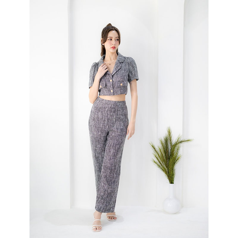 kudapy เซ็ทผ้าทวิตเสื้อปกสูท+กางเกงขายาวสีชมพู/สีดำ