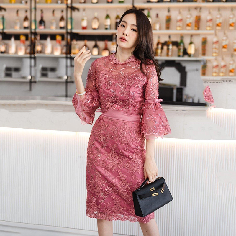 kudapy ชุดไทยประยุกต์ ชุดไปงานบวชสีชมพู/สีแดง เซตเสื้อลูกไม้