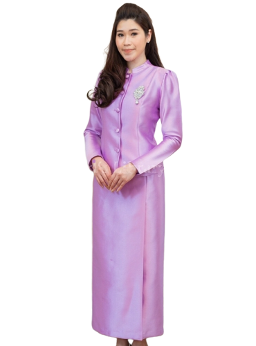 ชุดไทยจิตรลดาสีม่วง เซ็ท 2 ชิ้น เสื้อผ้าไหมกระดุมหน้า + พร้อมกระโปรงทรงสอบ