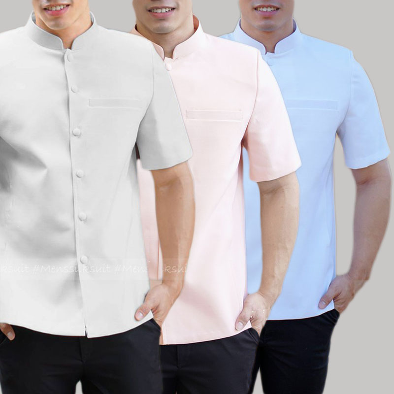 kudapy เสื้อผ้าไหมคอพระราชทาน คอจีนสีไข่,สีขาว,สีขาวออฟไวน์ เสื้อผ้าไทยผู้ชาย คอเชิ้ต ผ่าหน้า แขนสั้น