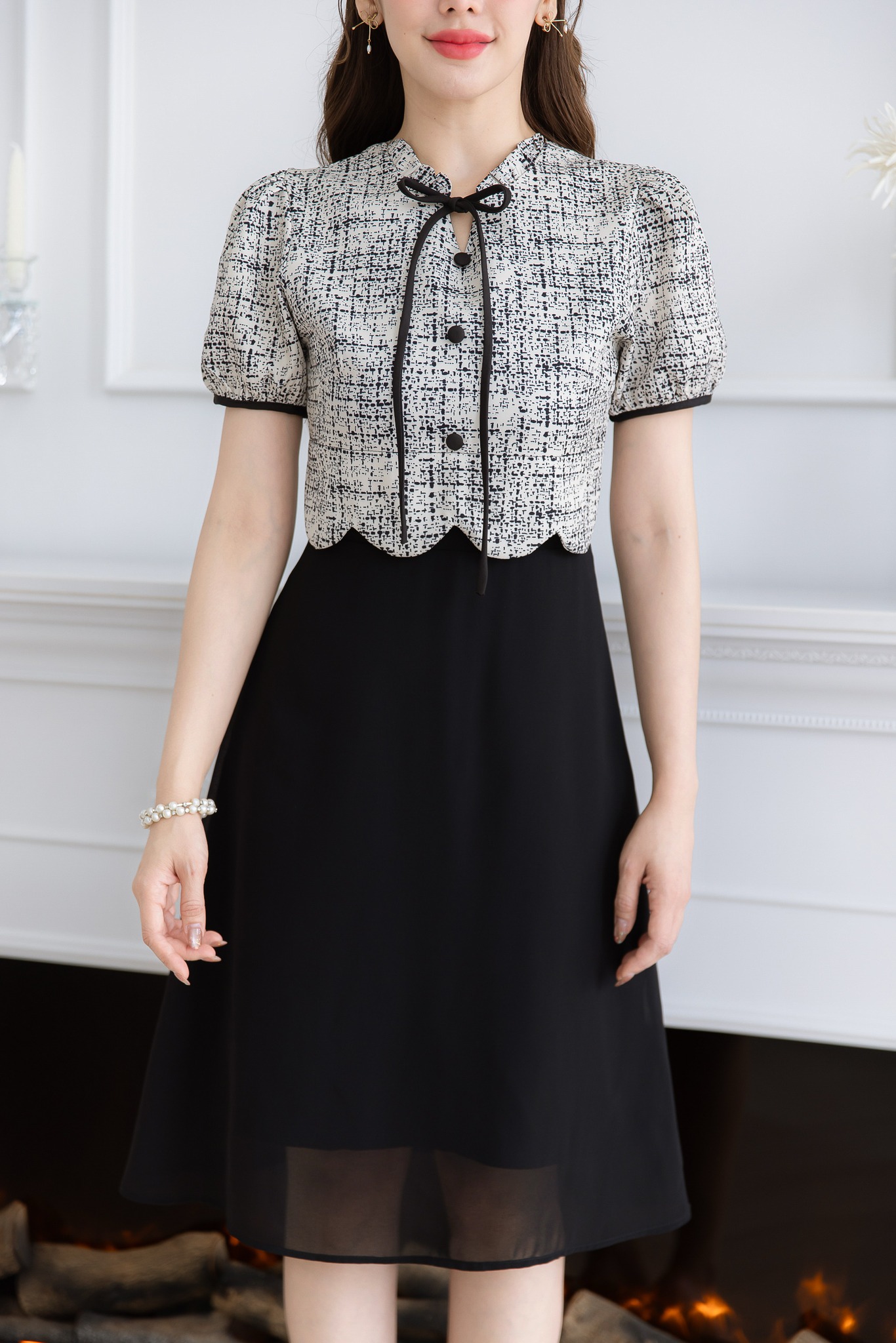 kudapy เดรสผ้าพิมพ์ลายกระโปรงชีฟอง ด้านบนเป็นผ้าพิมพ์ลายอัดกาวอยู่ทรง กระโปรงชีฟองสวยพริ้วใส่สบาย