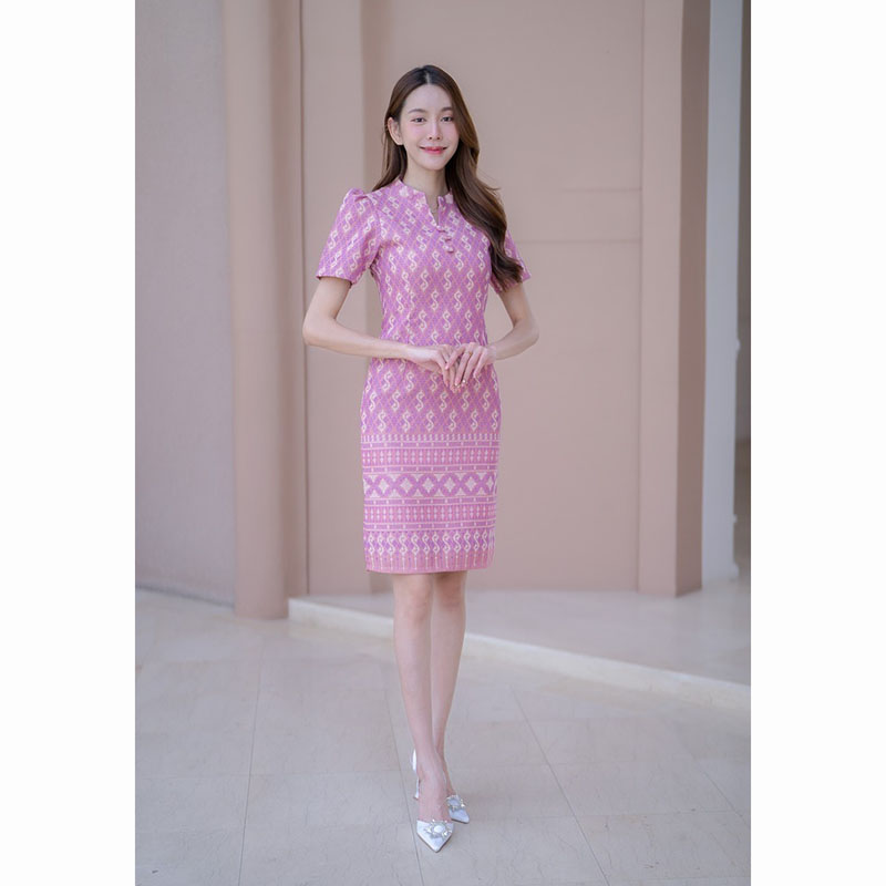 kudapy เดรสสั้นสีเทา/สีกรม/สีชมพู ผ้าไทยคอปีนลายขอ