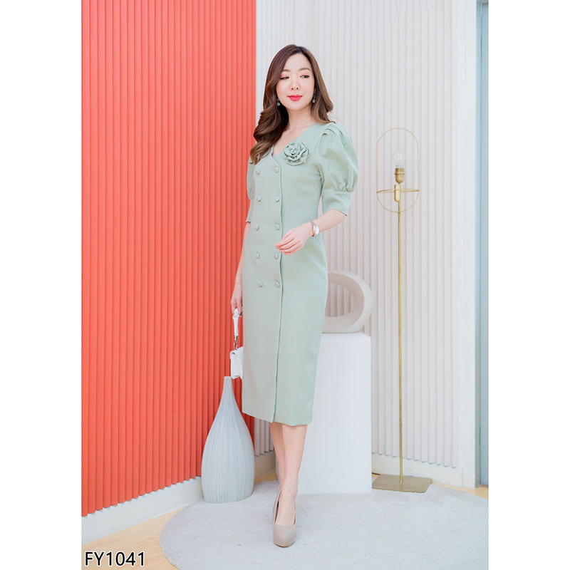 kudapy เดรสยาวสีเขียว/สีชมพู/สีกรม แขนตุ๊กตาดอกไม้ติดไหล่ สวยดูดีเรียบร้อย