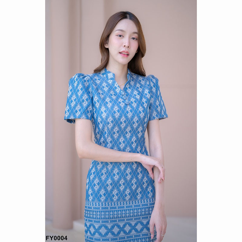 kudapy เดรสสั้นสีเทา/สีกรม/สีชมพู ผ้าไทยคอปีนลายขอ