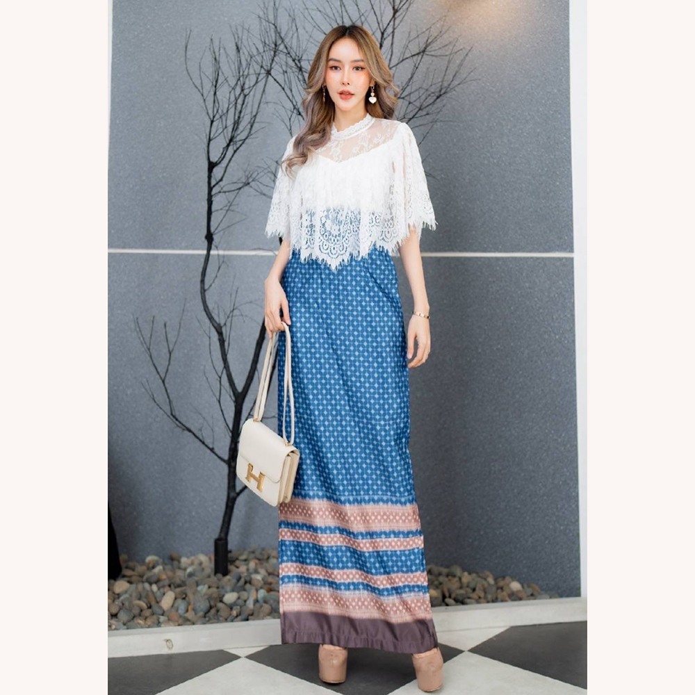 kudapy เซตเสื้อลูกไม้ขาว+ผ้าถุงลายไทยพิมพ์ลาย สีชมพู สีกรมท่า สีฟ้าน้ำทะเล สวยเรียบหรู ดูแพงมาก ดีไซส์น่ารักๆๆใส่ได้ทุกโอกาส