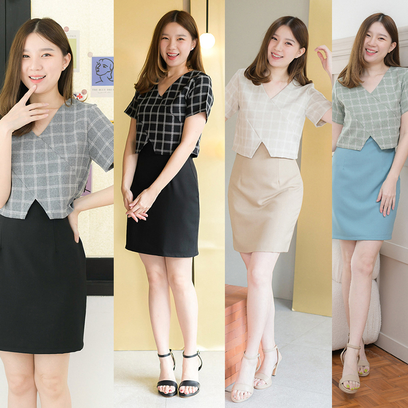 kudapy เดรสสั้นใส่ทำงาน สีเทาอมเขียว/สีดำ/สีเบจ/สีเทา คอวี ซิปหลังใส่ง่าย ผ้าลายตาราง