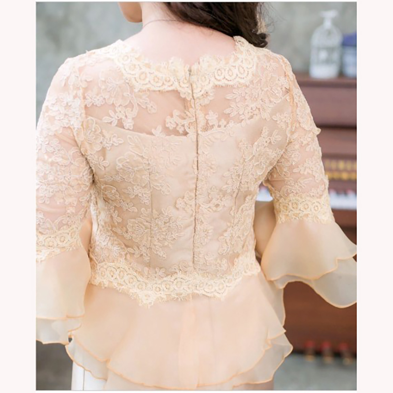 kudapy เซทออกงานเสื้อลูกไม้+กระโปรงยาว เสื้อลูกไม้แขนสามส่วนแต่งระบายผ้าไหมออแกนดี้ ไหล่และแขนซีทรู