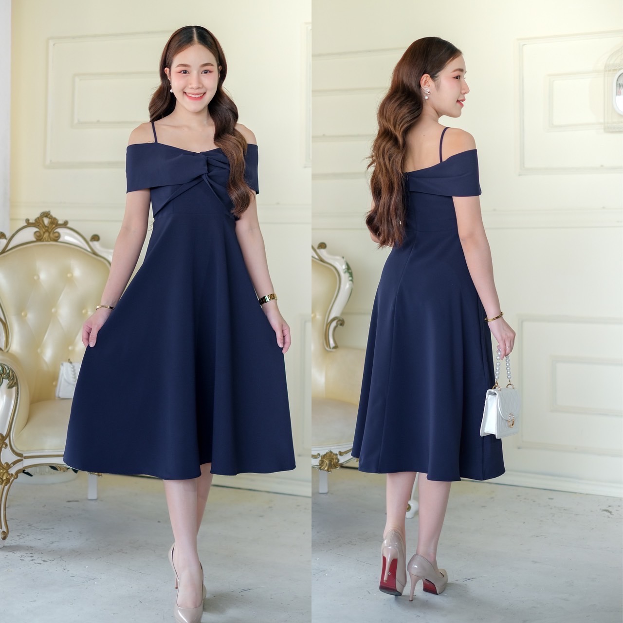 kudapy เดรสสั้นสีกรม/สีฟ้าครามสีชาไทย ผ้าเครปเกาหลีเปิดบ่า ดีเทล อกปมไขว้พรางต้นแขนใส่เปิดบ่า หรือใส่เป็นสายเดี่ยวก็น่ารัก