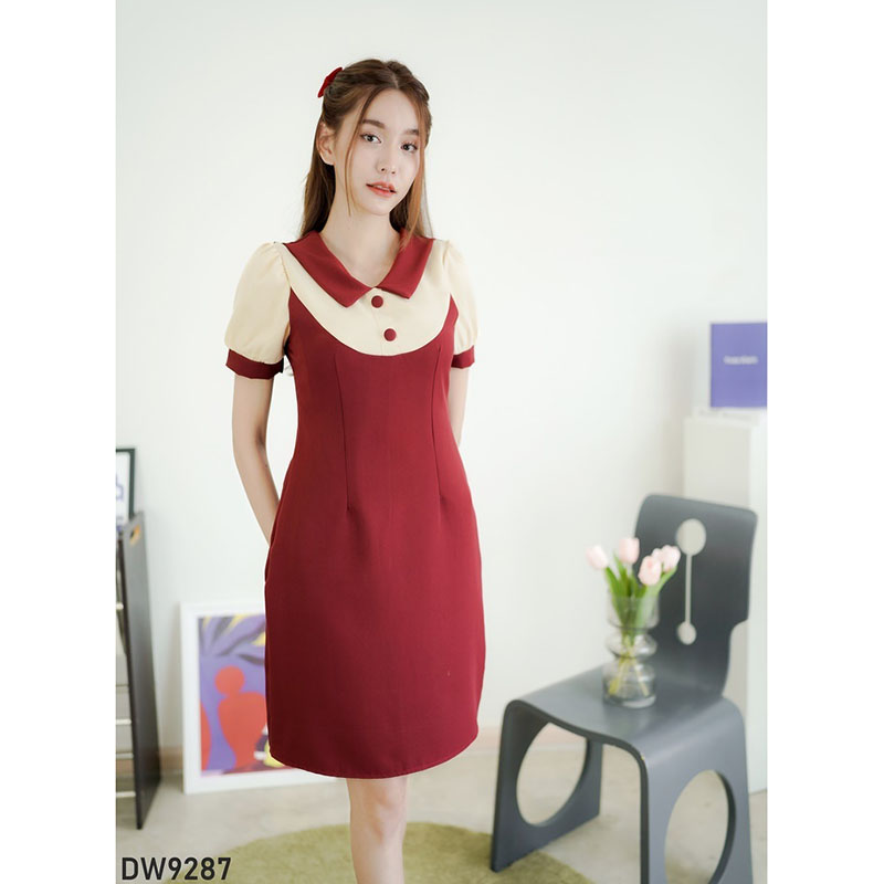 kudapy เดรสสั้นสีส้ม/สีดำ/สีแดง ทูโทนแขนจั๊ม สวยดูดี ใส่ทำงาน ออกงาน