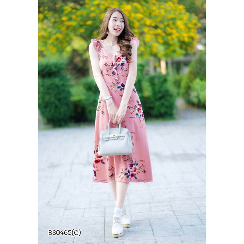 kudapyดรสยาวสีขาว/นุ้ด/แดง/ชมพู/กรมท่า ระบาย ติดกระดุมอก เนื้อผ้าหางกระรอกพิมลายดอกไม้ เอวยืดสม็อคหลัง มีซับใน