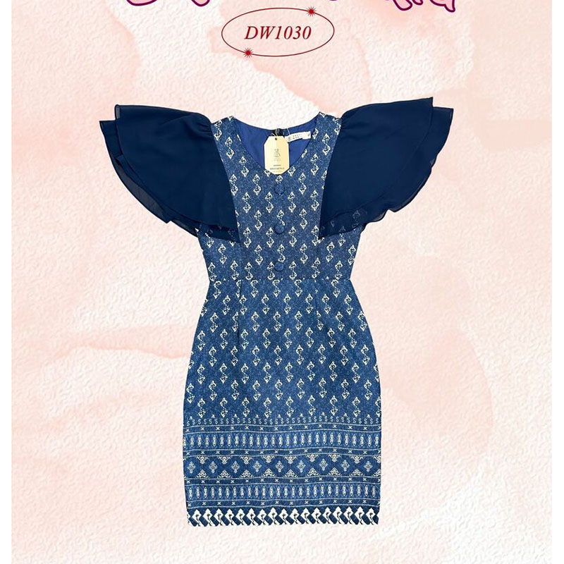 kudapy เดรสสั้นสีชมพู/สีน้ำตาล/สีกรม ผ้าไทยแขนระบาย ผ้าพิมพ์ลายไทย