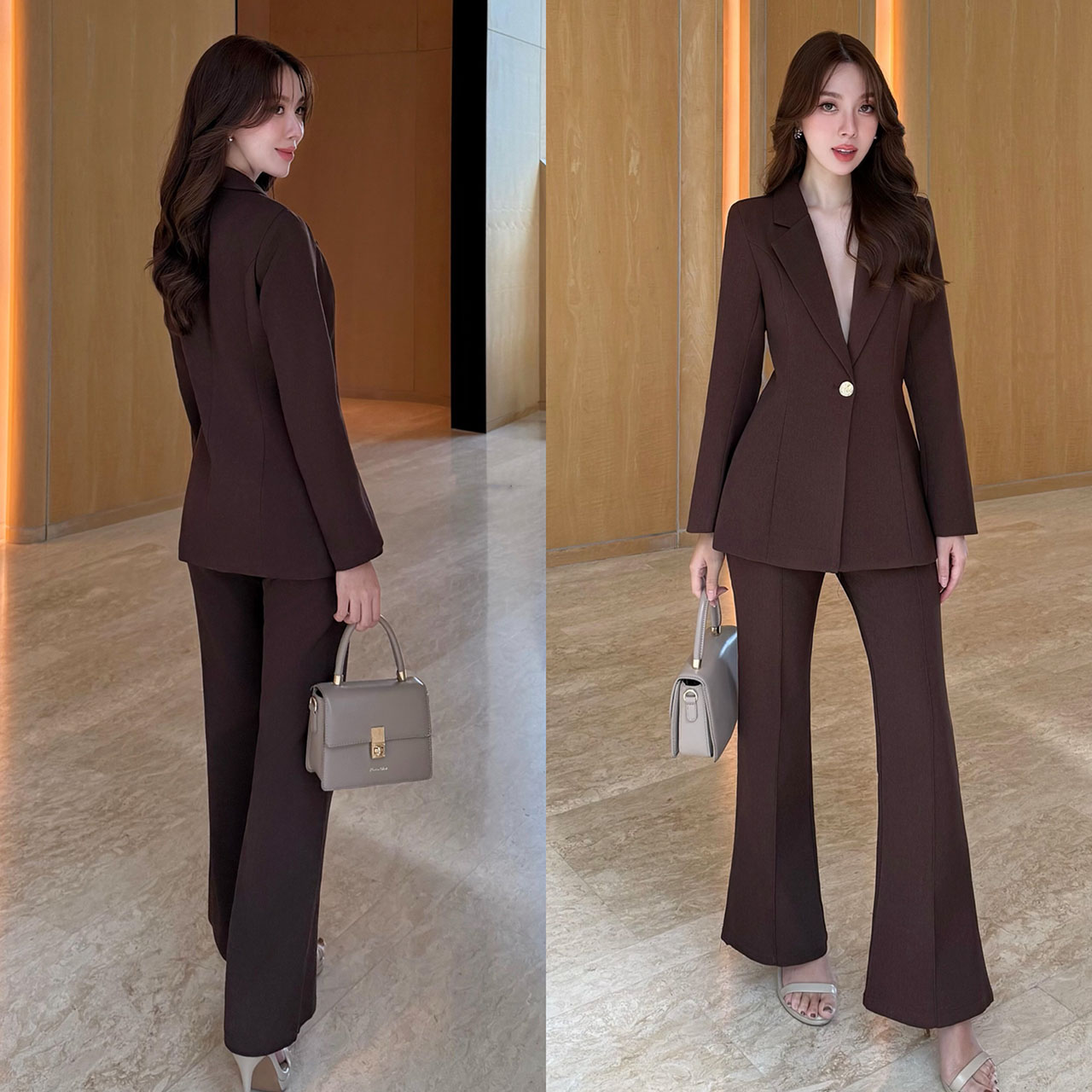 kudapy ชุดสูทมินิมอล ตัวเสื้อสูทแต่งกระดุมทองด้วยหน้า 1 เม็ด เสริมฟองน้ำบางๆ มีซับในทั้งตัว มาพร้อมกับกางเกงทรง Flare เย็บตีเกล็ดหน้า