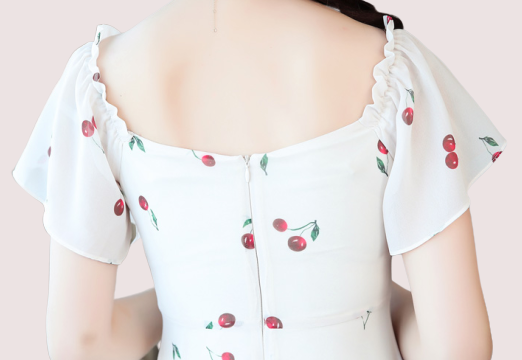 ชุดเดรสผ้าชีฟองสีครีม พิมพ์ลาย cherry สีแดง มีซับใน ซิบหลัง สวยน่ารักมากค่ะ XL