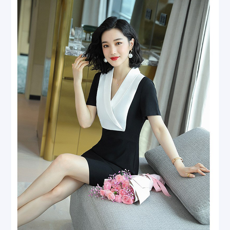 kudapy เดรสแขนสั้นสีดำขาว สีดำเหลืองเข้ม คอปก ทูโทน ผ้าไม่บาง และไม่หนาเกินไป เหมาะสำหรับใส่ทำงาน