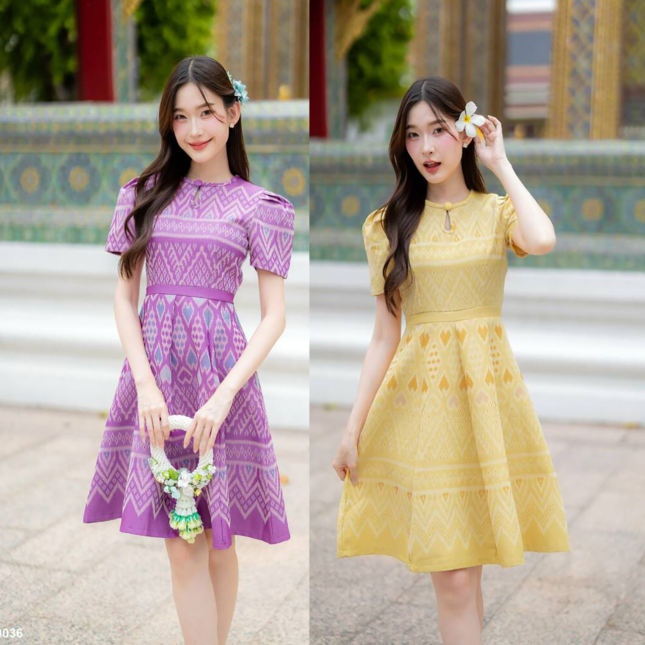 kudapy เดรสสั้นสีเหลือง/สีม่วง ผ้าไทยคอหยดน้ำกระโปรงบาน