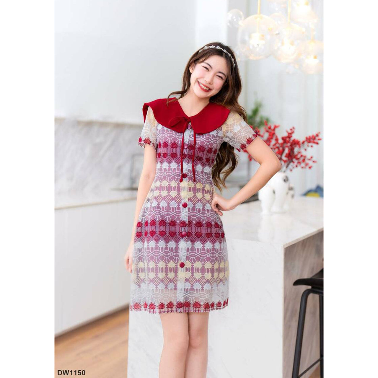 kudapy เดรสสั้น ลูกไม้ชั้นหัวใจคอปก ผ้าเบาใส่สบายตัว