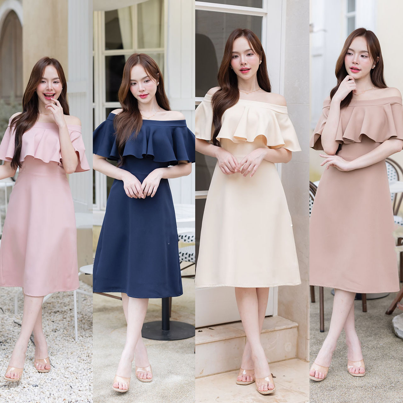 kudapy เดรสสั้นสีโอวัลติน/สีครีม/สีกรม/สีชมพู เปิดไหล่ดีไซน์สุดหวานมาพร้อมระบายช่วงอกเสริมลุคให้ดูโดดเด่นมีสไตล์
