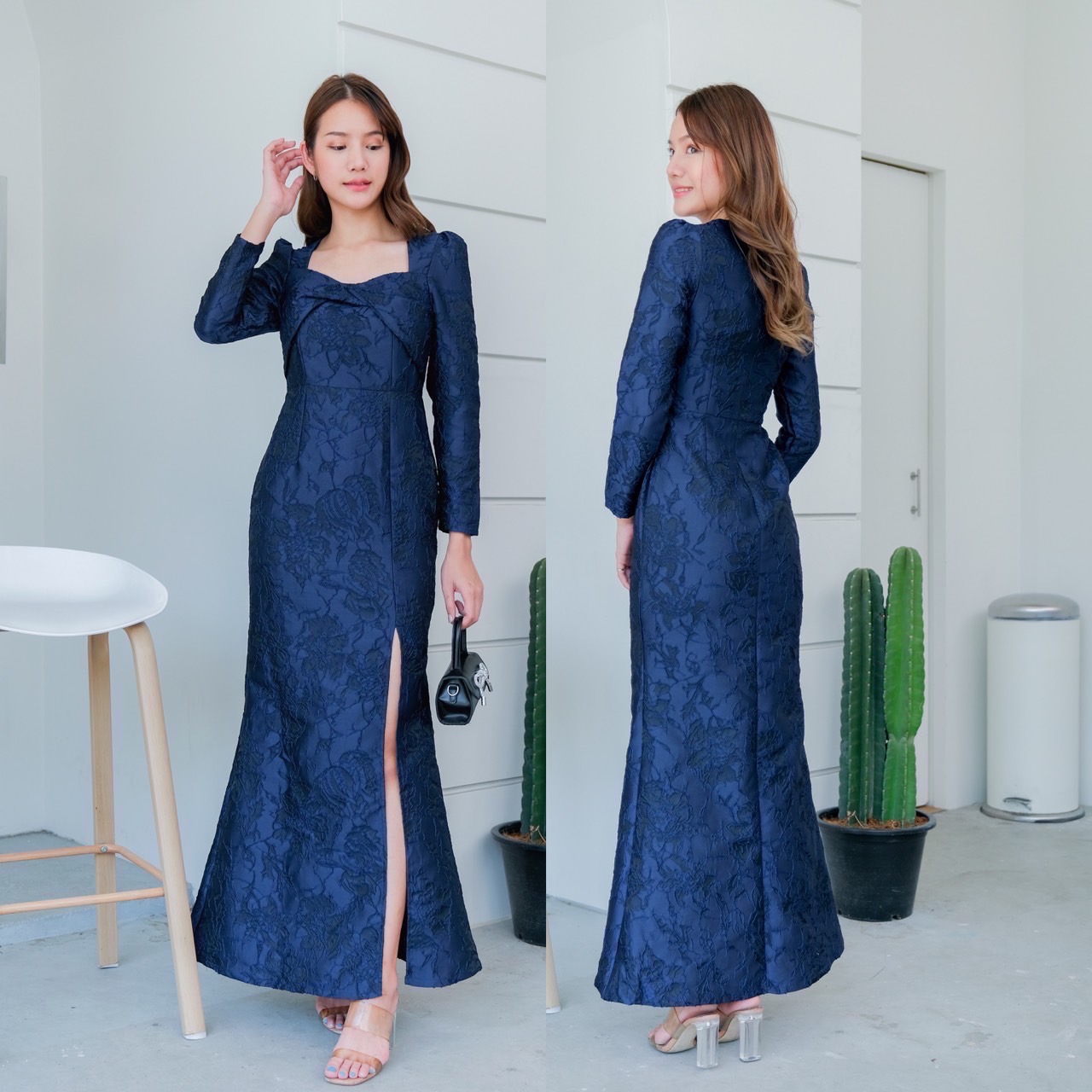 kudapy เดรสยาวสีดำ/สีแดง/สีชมพู/สีทอง/สีฟ้า/สีกรม คอเหลี่ยม ดีไซส์ทวิสอกแขนยาว กระโปรงทรงหางปลา ซิบหลังเนื้อผ้าทอลายนูน