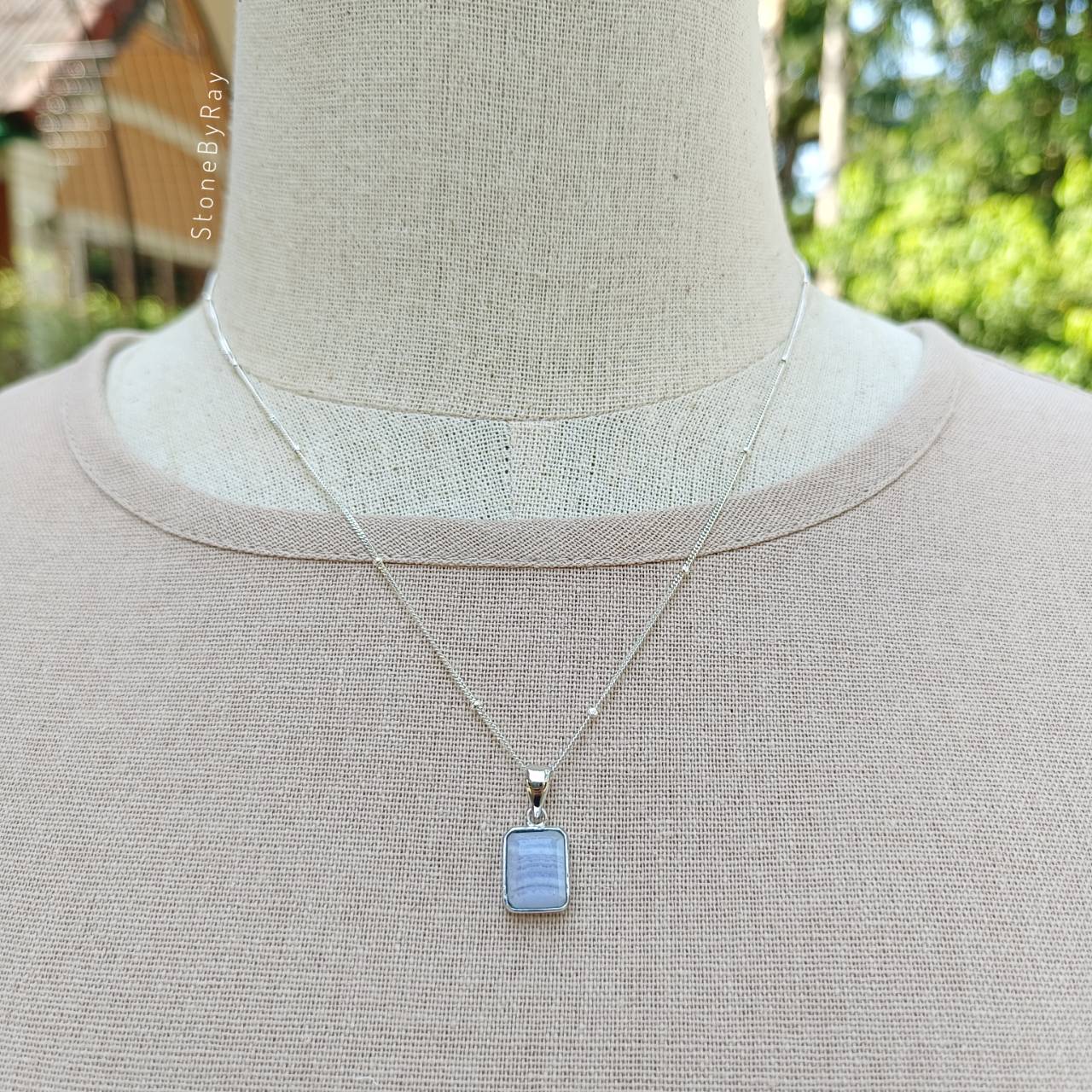 สร้อยคอเงินจี้หินบลูเลซอาเกต Blue Lace Agate