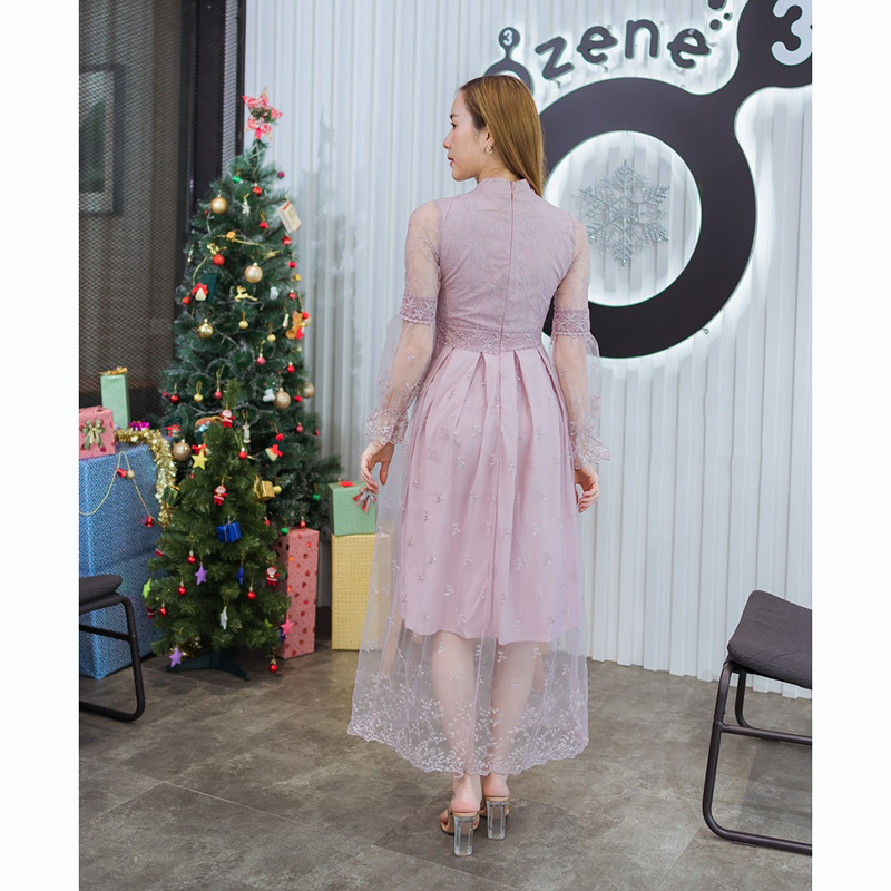 kudapy เดรสยาวสีแดง/สีชมพู/สีขาว คอจีนแขนลูกไม้ซีทรู สวยดูดีน่าารัก