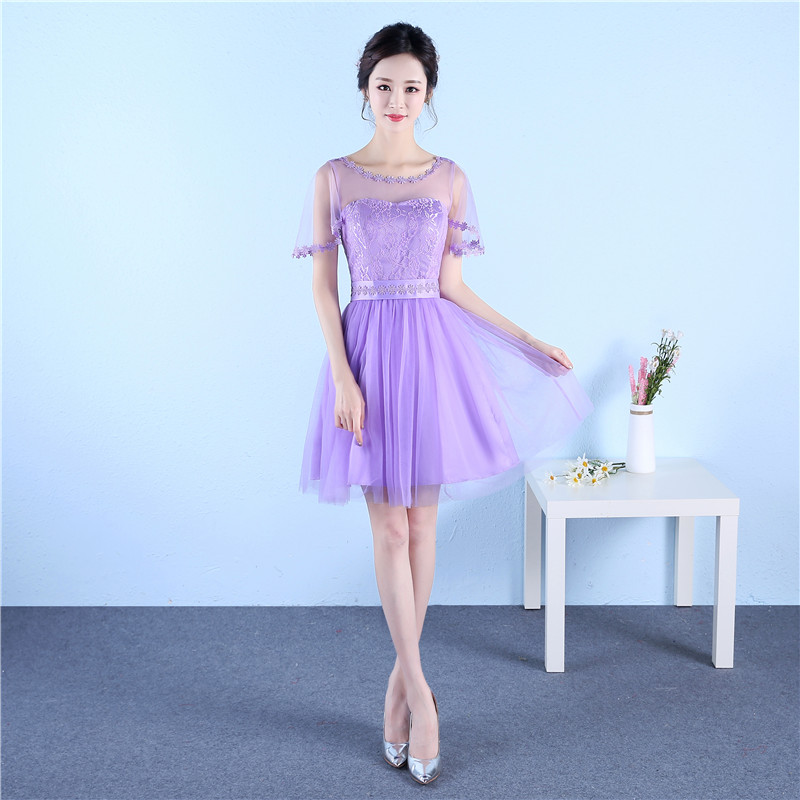 kudapy ชุดราตรีสั้นสีชมพู/สีม่วง คอกลม มีผ้าคลุมแขนไม่โป้ะ กระโปรงบานเอวเข้ารูป