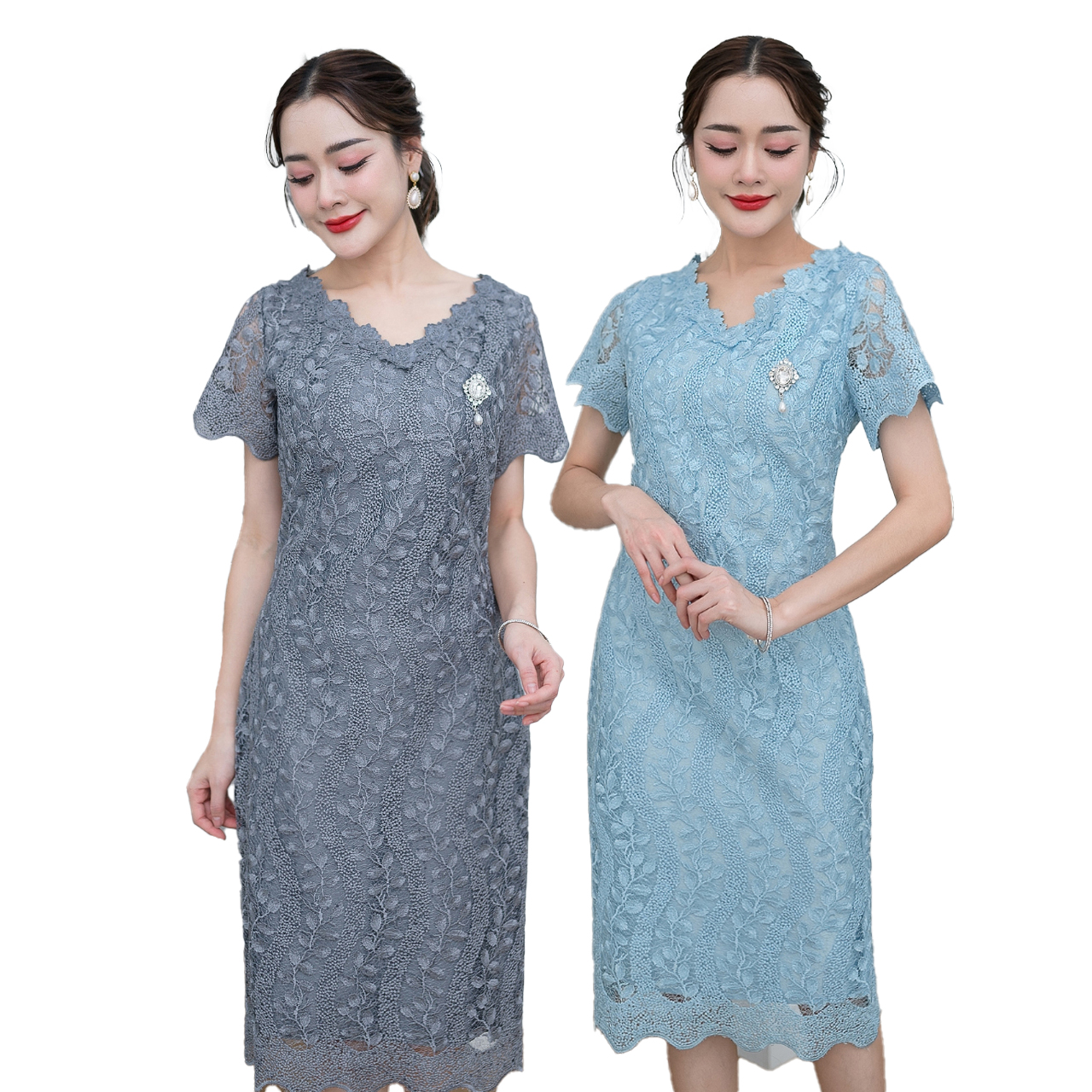 kudapy เดรสสั้นสีฟ้า/สีเทา ผ้าลูกไม้เงาทอลายผ้าผสมเลื่อมสวยงาม รอบคอตกแต่งดอกไม้รอบคอสวยหวาน สำเนา