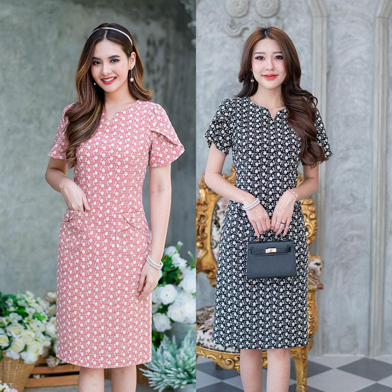 kudapy เดรสสั้นสีชมพูอมส้มปูน/สีเทา/ สีฟ้า มีกระเป๋า 2 ข้าง แต่งดีเทลที่แขน เนื้อผ้าจะค่อนข้างหนา