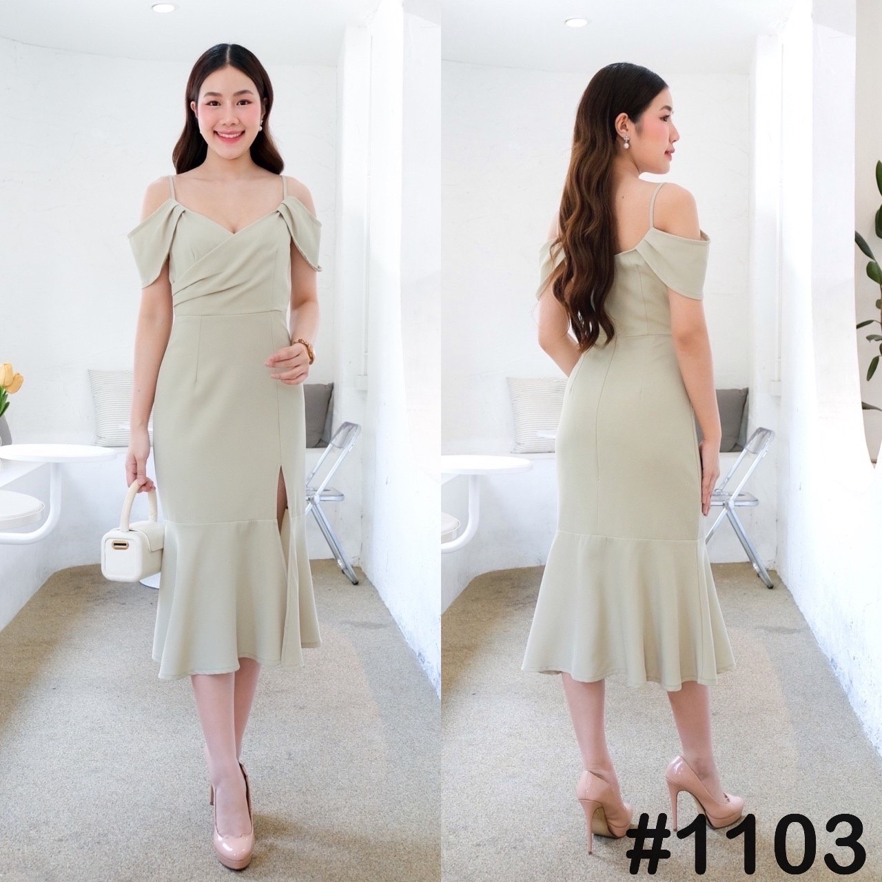 kudapy เดรสสั้นสีกรม/แดง/ขาว/ส้มโอรส/ชมพู/เขียวพิตาชิโอ้ สายเดี่ยว จับจีบอกไขว้ กระโปรงหางปลา ระบายพริ้ว ผ่าหน้าสูง