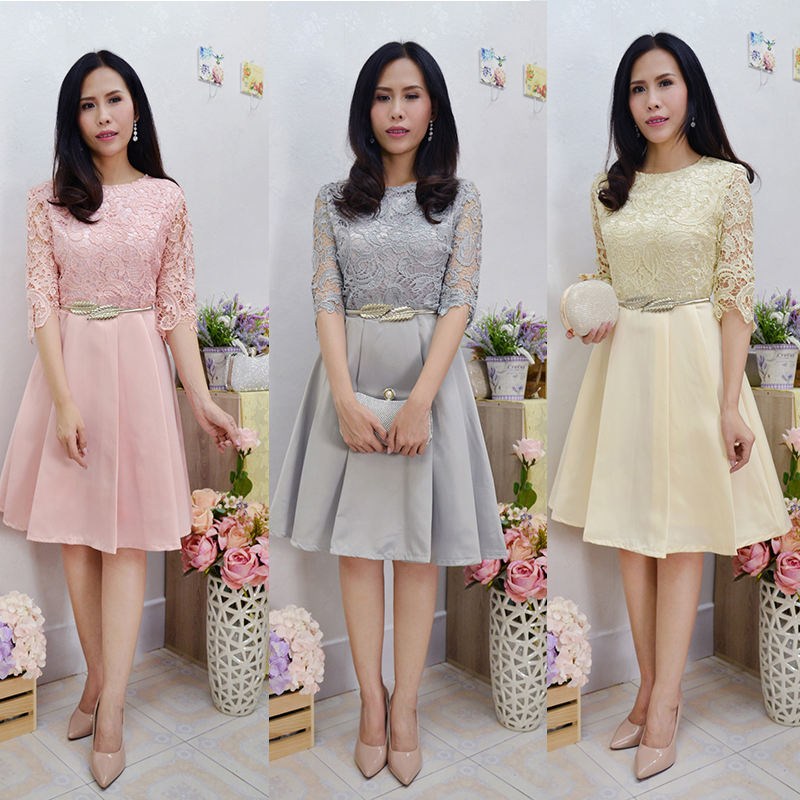 kudapy เดรสสั้นสีชมพู/เทา/ครีม ลูกไม้ แขนสามส่วน แถมเข็มขัดใบไม้ตามแบบ