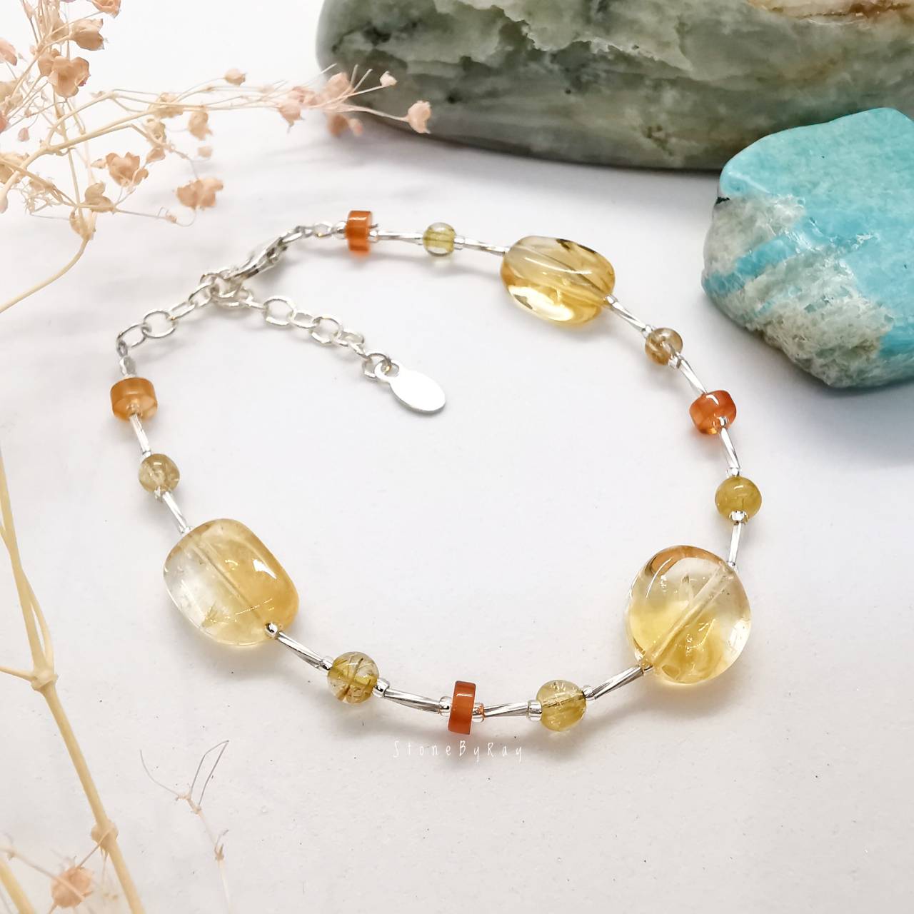 สร้อยข้อมือเงินหินซิทรินกับคาเนเลี่ยนและไหมทอง Citrine+Carnelian+Rutilated Quartz