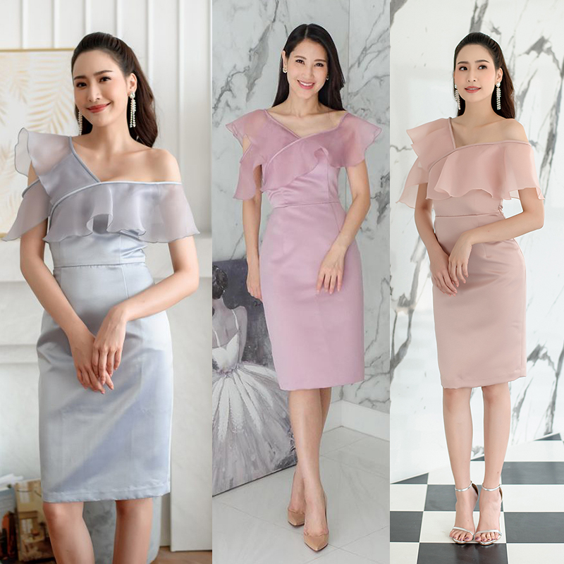 kudapy เดรสสั้นสีม่วงลาเวนเดอร์ สีโรสโกลและสีเทา ผ้าไหมอิตาลี เนื้อหนา วาวนิดๆ กำลังสวย แพทเทิร์นขายดี สวยผอม